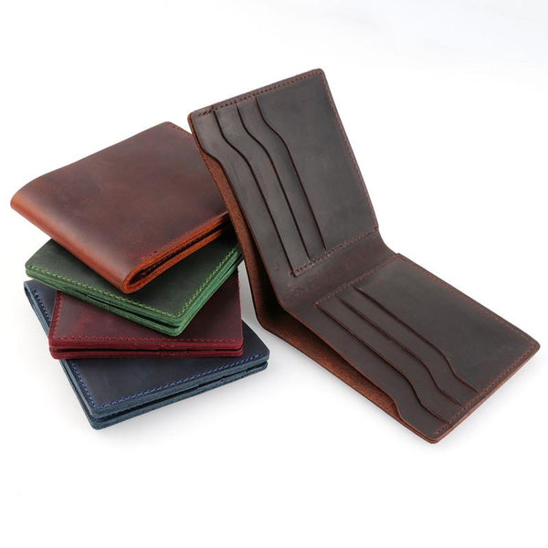 Vintage Brown Leather Men's Small Bifold Wallet Black Slim billfold Wallet For M FY00691015