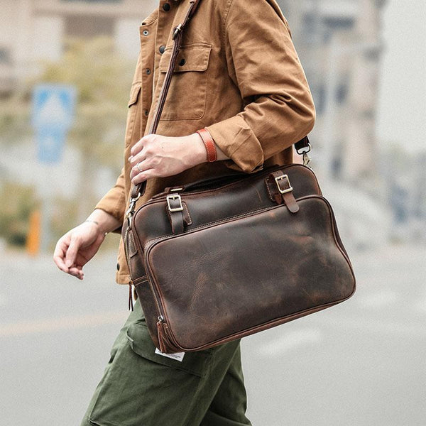 Vintage Dark Brown Mens Leather Briefcase Work - Back View