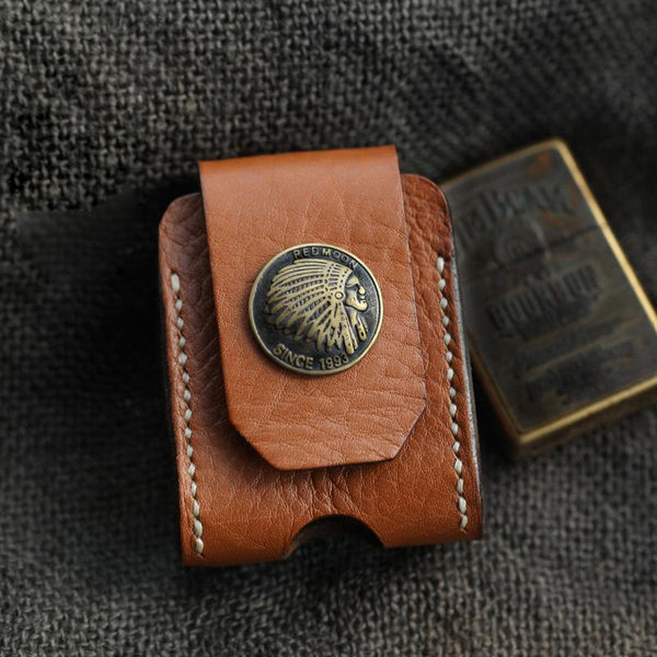 Cool Light Brown Handmade Leather Mens Zippo - Back View