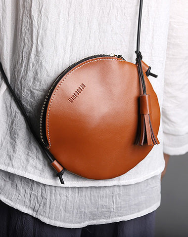 Cute Round LEATHER Slim Side Bag Brown WOMEN Circle SHOULDER BAG Small Crossbody Purse FOR WOMEN