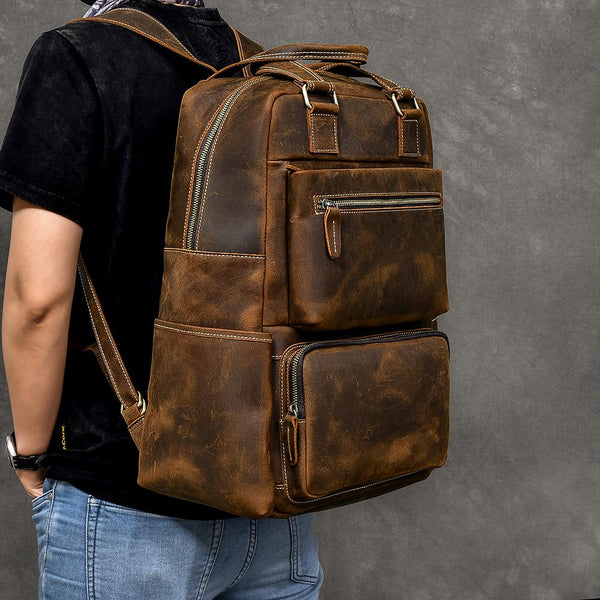 Leather Backpack Style Handbag Vintage Brown Large - Open View
