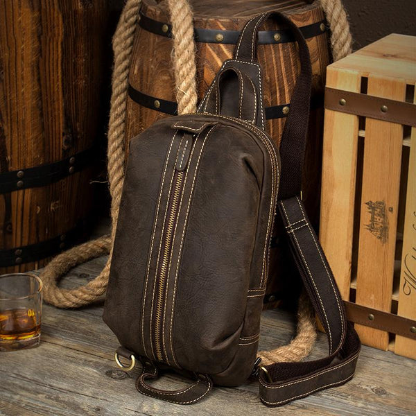 Casual Dark Brown Leather Mens One Shoulder Backpacks Sling Bags Chest Bags for MSG02781239
