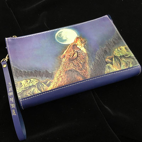Blue Handmade Tooled Leather Wolf Clutch Wallet - Back View