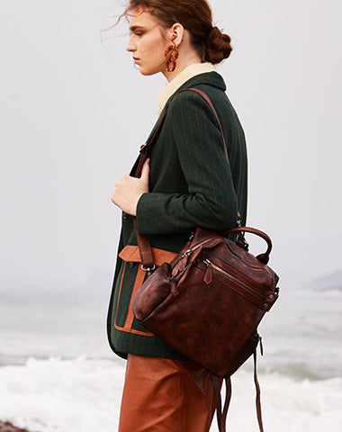 Vintage Coffee Leather Rucksack Womens School Backpack Ladies Leather Backpack Purses