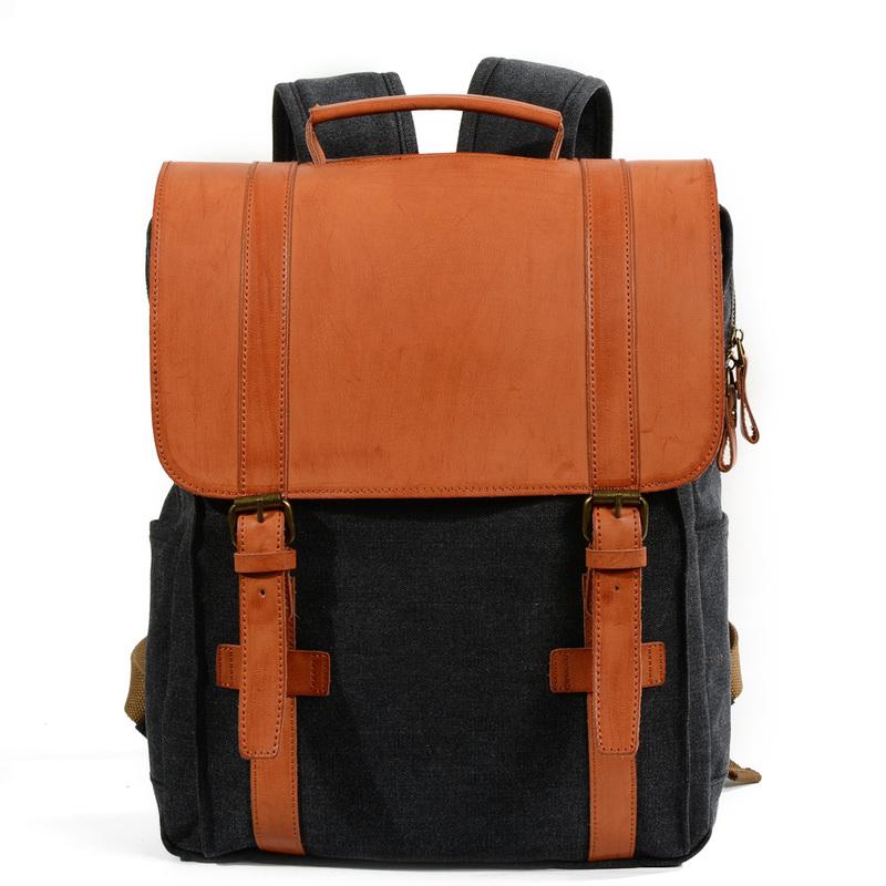 Cool Canvas Leather Womens Mens College Backpack 14'' Travel Backpack Computer Backpack for Men