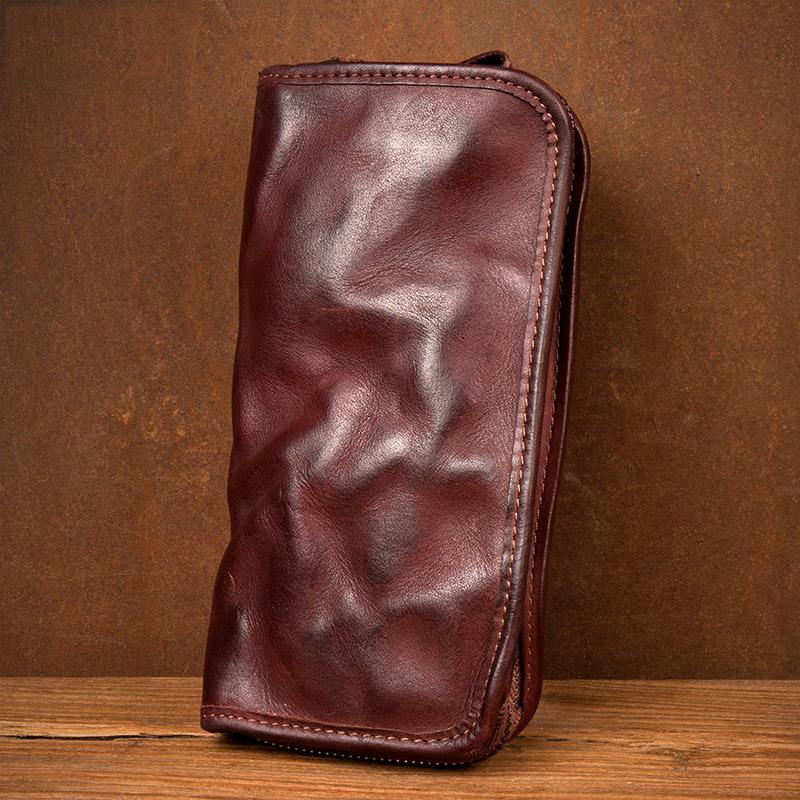 Black Cool Mens Leather long Wallet Brown Leather Zipper Wallet Long Wallets Clutch for Men