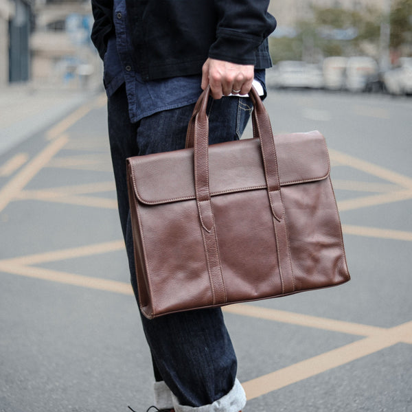 Vintage Black Mens Leather Briefcases Work Handbag - Back View