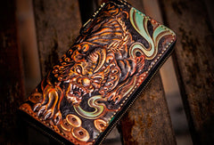 Handmade leather mythical wild animal biker wallet long wallet black leather men phone - EverHandmade