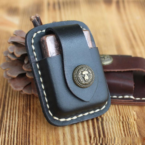Handmade Black Leather Mens Classic Zippo Lighter - Back View
