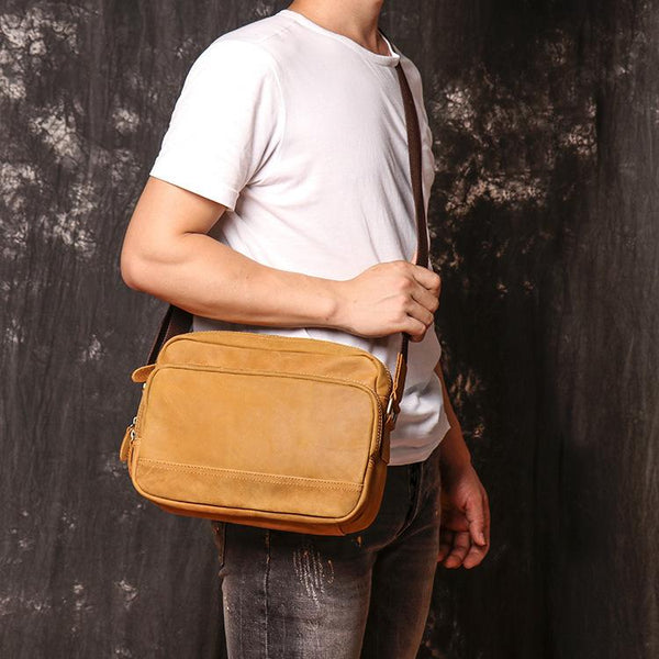 Tan Leather Men's Messenger Bag Side Bag - Back View