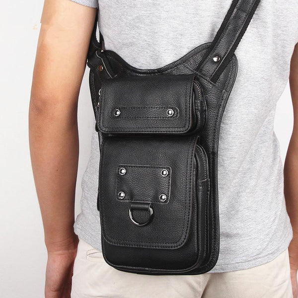 Black Leather Men's Sling Bag Shoulder Bag - Back View