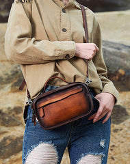 Handmade Womens Coffee Leather Mini Satchel Shoulder Bag Best Handbag Cube Crossbody Purses for Ladies