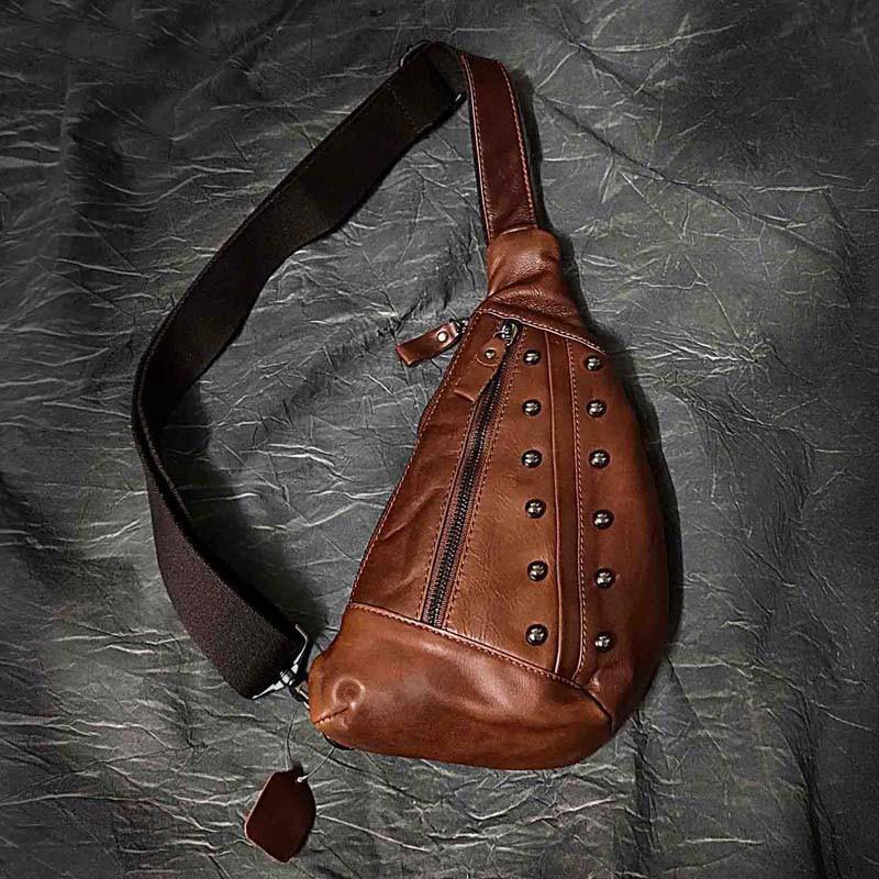 Badass Brown Leather Men's Sling Bags Chest Bag Brown One shoulder Backpack Sling Bag For Men