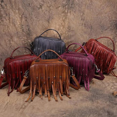Red Vintage Womens Leather Purse Tassel Handbag Brown Shoulder Bag Crossbody Purses for Ladies