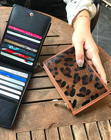 Cute Womens Horse Hair Leopard Print Leather Card Wallets Card Clutch Wallet Zip Card Holder Wallet for Women