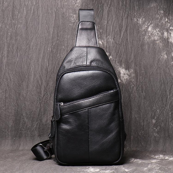Cool Black Leather Sling Backpack Men's Brown - Back View