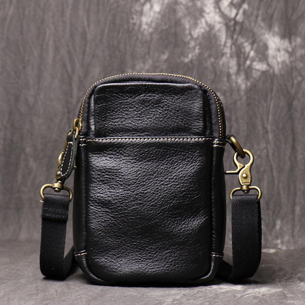 Mens Brown Leather Mini Messenger Bag Black - Back View