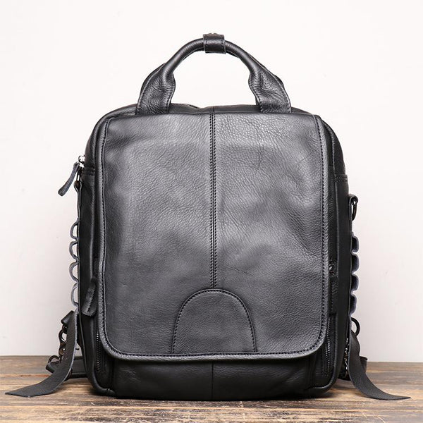 BLACK Vertical LEATHER MEN'S Messenger Bag Side - Back View