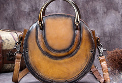 Genuine Leather Handbag Vintage Circle Bag Shoulder Bag Crossbody Bag Purse For Women - EverHandmade