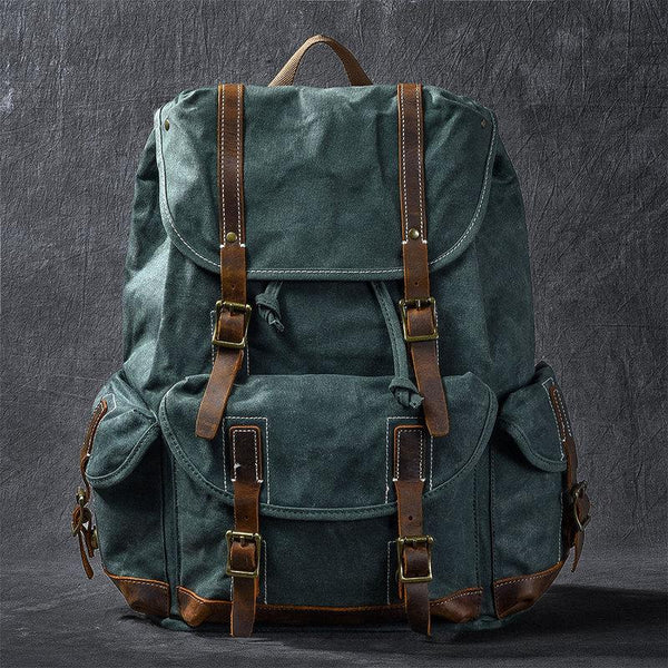 Waxed Canvas Leather Mens Womens 16" Khaki Backpack Green Travel Backpack Colleg 24J02251004