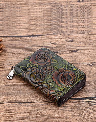 Womens Green Leather Small Zip Around Wallet Rose Billfold Wristlet Wallet Floral Ladies Zipper Small Card Wallet for Women