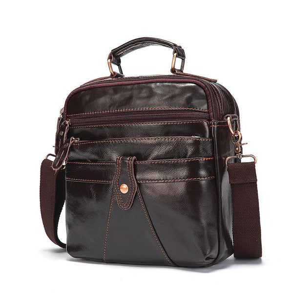 Coffee LEATHER MEN'S Small Vertical Side Bag - Back View