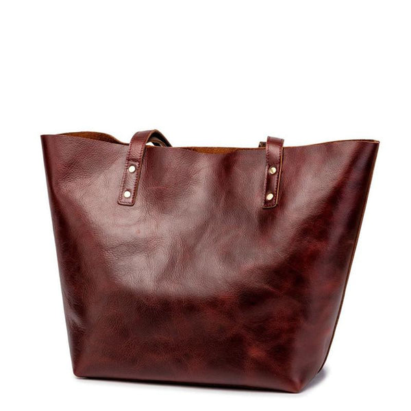 Mens Womens Leather Red Brown Tote Handbag - Back View