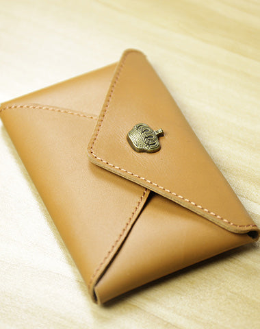 Slim Women Tan Leather Card Wallet Crown Minimalist Envelope Card Holder Wallet Coin Wallet For Women