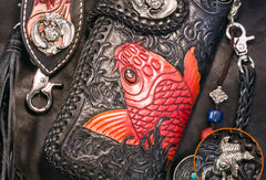 Handmade Leather Long Black Biker Wallet Trucker Wallet Leather Chain Men Red Carp Tooled Wallet - EverHandmade