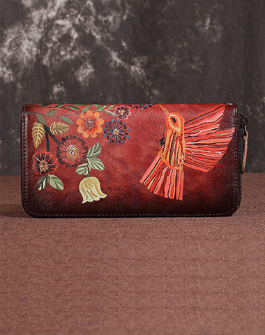 Womens Hummingbird Red Leather Zipper Clutch Wallet Wristlet Wallet Floral Ladies Zip Around Wallet for Women