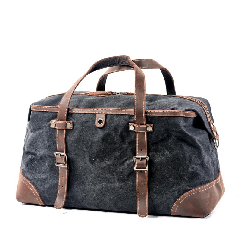 Casual Waxed Canvas Leather Mens Large Travel Green Weekender Bag Black Duffle Bag for Men