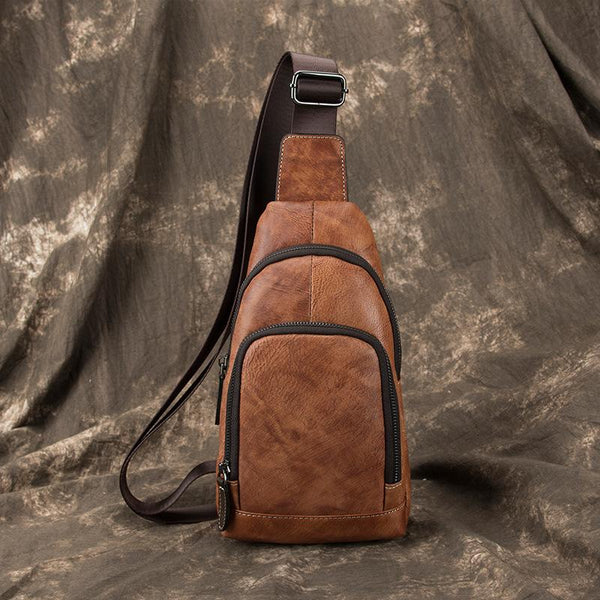Brown Cool LEATHER MENS Sling Bag One - Back View