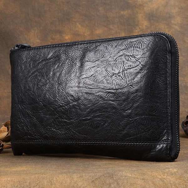 Handmade Cool Leather Mens Black Long Wallet Wirstlet Bag Black Zipper Clutch Wa DM02581038