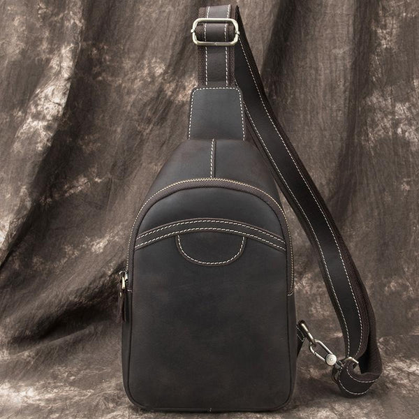 Black Leather Sling Backpack Mens Sling Pack - Back View