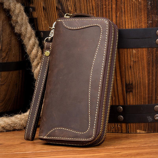 Cool Dark Brown Mens long Wallet Wristlet - Back View