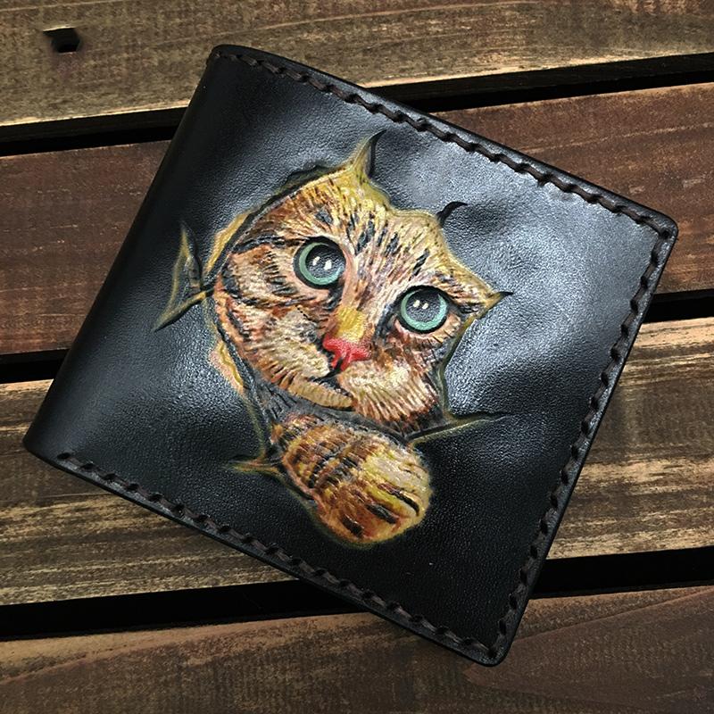 Handmade Black Tooled Leather Kitten Wolf Bifold billfold Wallet Small Wallet For Men