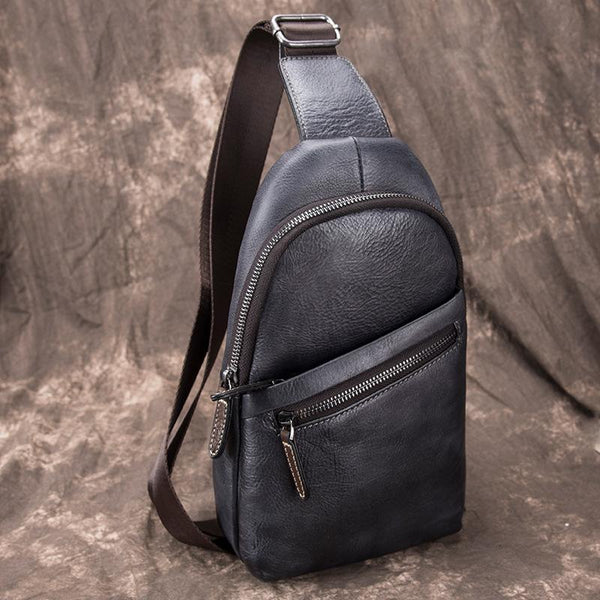 Gray Leather Men's Sling Bag 8 inches - Back View