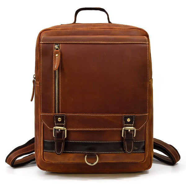 Casual Brown Mens Leather Large School Backpack - Back View