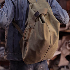 Khaki Canvas Mens Large Backpack Travel Backpack Canvas Barrel Backpack Bucket Backpack For Men