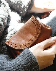 Vintage Women Brown Leather Billfold Wallet Lace - Front View