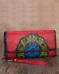 Vintage Floral Green Leather Wristlet Wallet Womens Floral Shoulder Wallet Purse Zip Purse Chain Shoulder Bag for Women