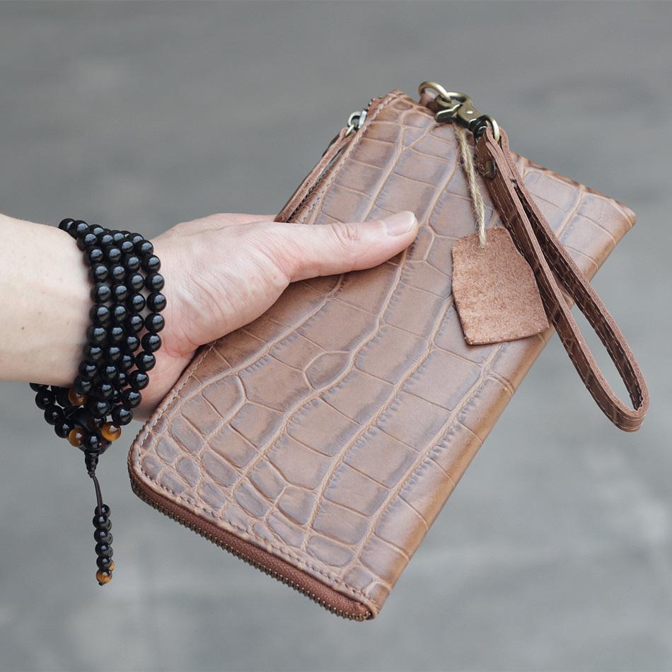 Vintage Dark Brown Leather Mens Phone Wallet Clutch Bag Wristlet Bag Zipper Long Wallet For Men