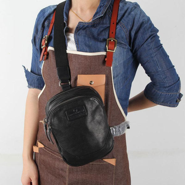 Genuine Small Black Leather Mens Cool Chest Bag Sling Bag Crossbody Pack for men