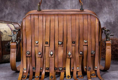 Genuine Leather Handbag Vintage Rivet Tassel Bag Crossbody Bag Shoulder Bag Purse For Women - EverHandmade