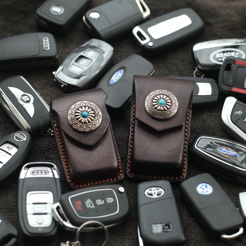 Handmade Black Leather Mens Car Key Case Brown Car Key Holder with Bel