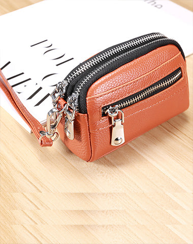 Small Womens Leather Orange Double Zip Wallet Mini Wallet with Coin Pocket Zip Wallet for Ladies