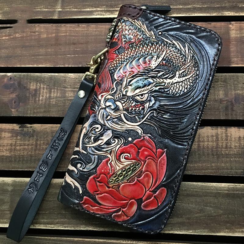 Black Handmade Tooled Chinese Dragon Leather Long Biker Wallet Chain W