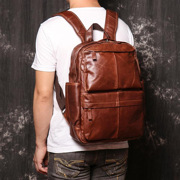 Brown Leather Men's 15 inches Computer Backpack - Back View