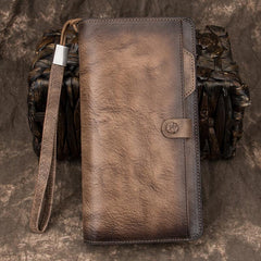 COOL MENS LEATHER Brown Bifold ZIPPER LONG CLUTCH WALLETS VINTAGE Brown Wristlet Long WALLET FOR MEN