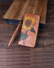 Handmade Sunflower Red Leather Wristlet Wallet Womens Zip Around Wallets Sunflower Ladies Zipper Clutch Wallet for Women